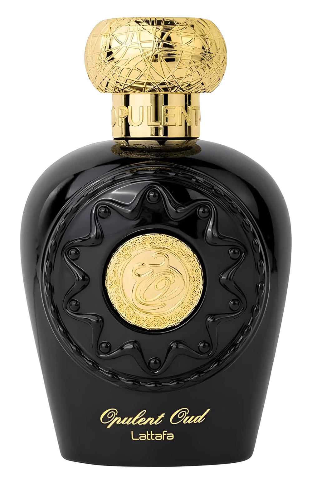 Lattafa Opulent Oud bottle front, unisex fragrance for any occasion.