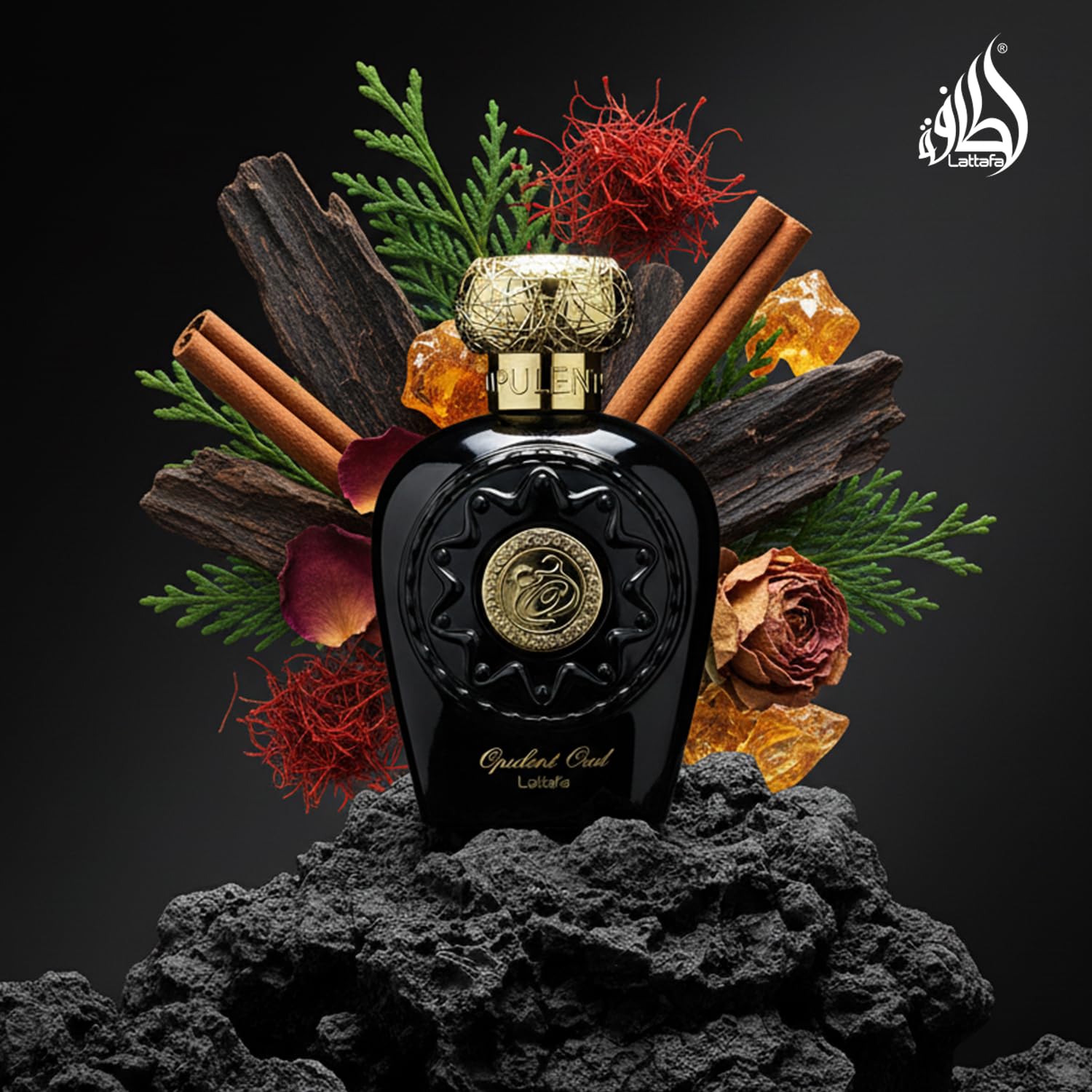 Lattafa Opulent Oud agarwood heart notes, warm and rich.