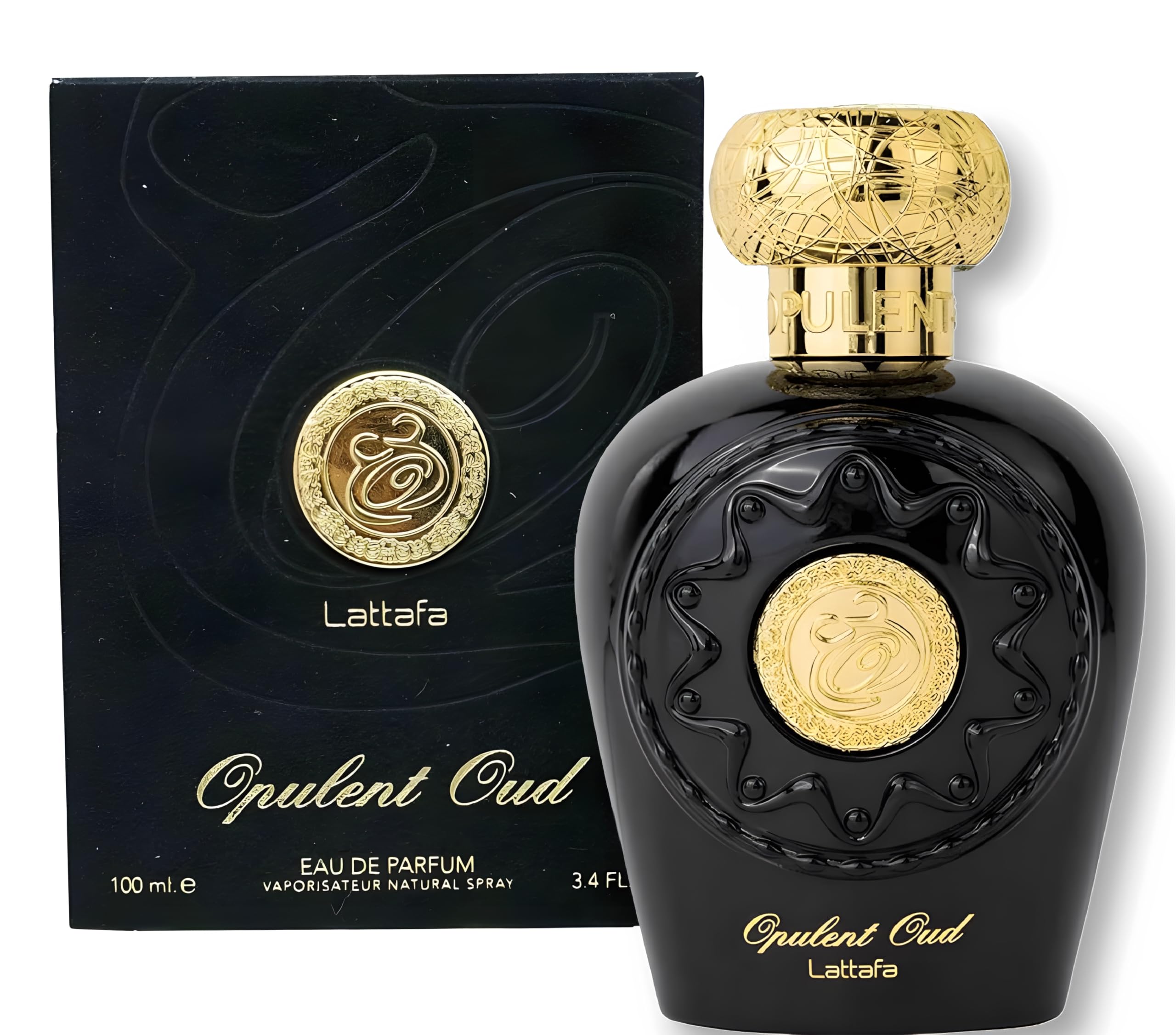 Lattafa Opulent Oud packaging closeup, premium presentation.