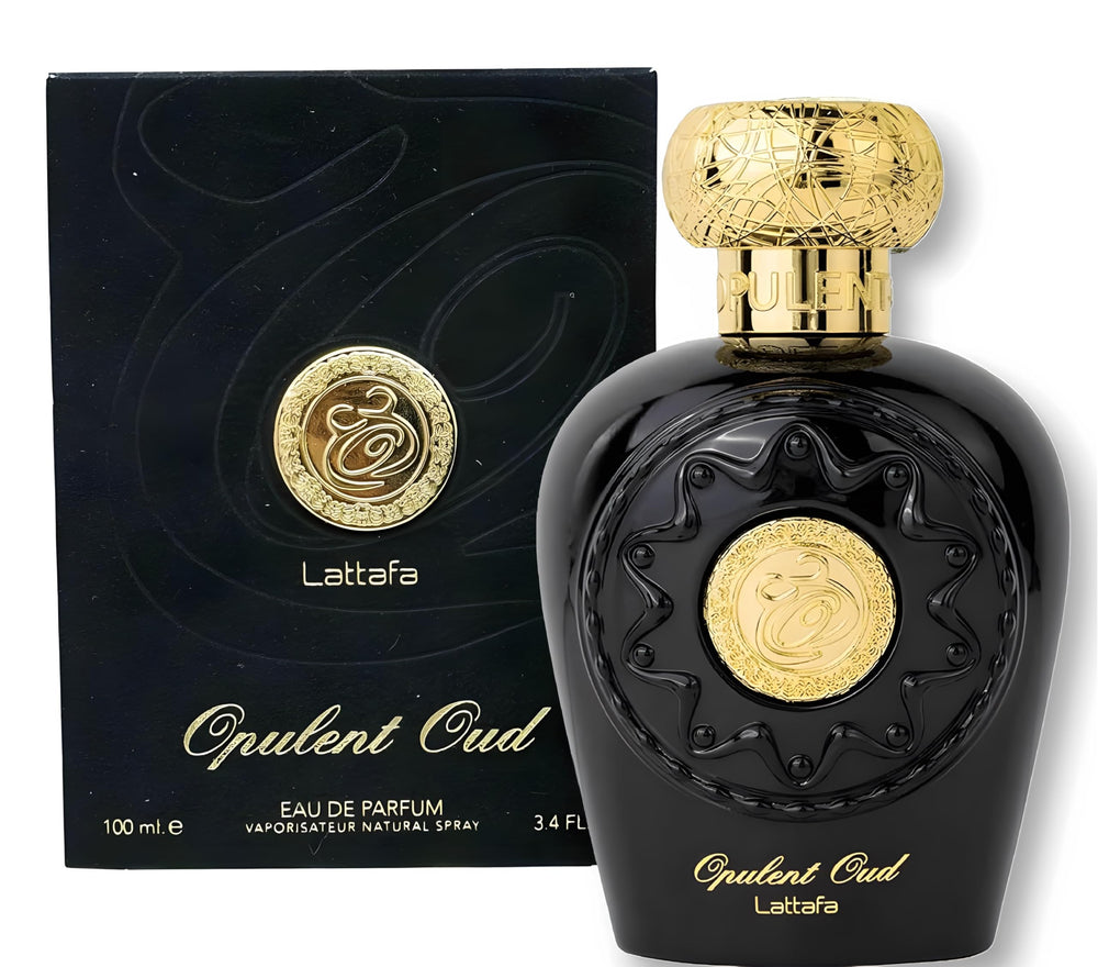 Lattafa Opulent Oud packaging closeup, premium presentation.