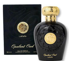 Lattafa Opulent Oud packaging closeup, premium presentation.