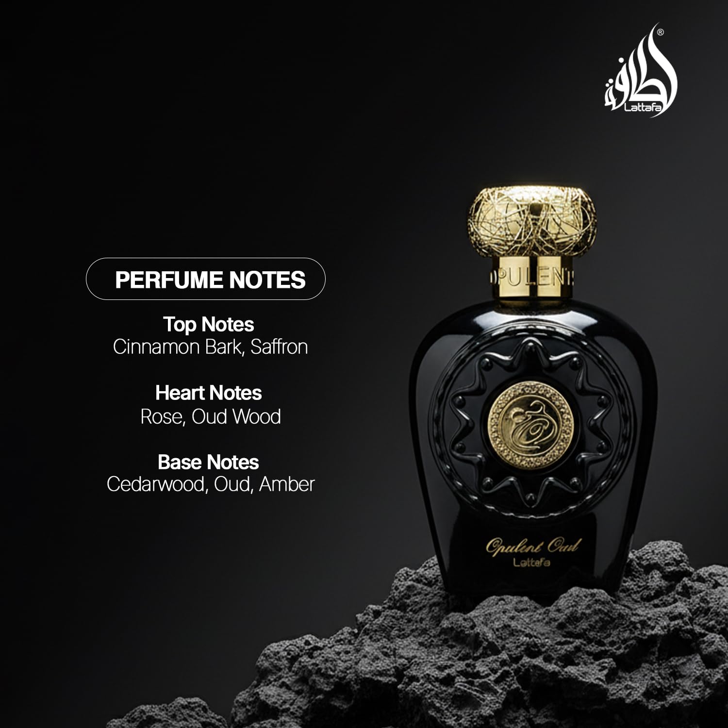 Lattafa Opulent Oud saffron-top notes reveal bright, floral hints.