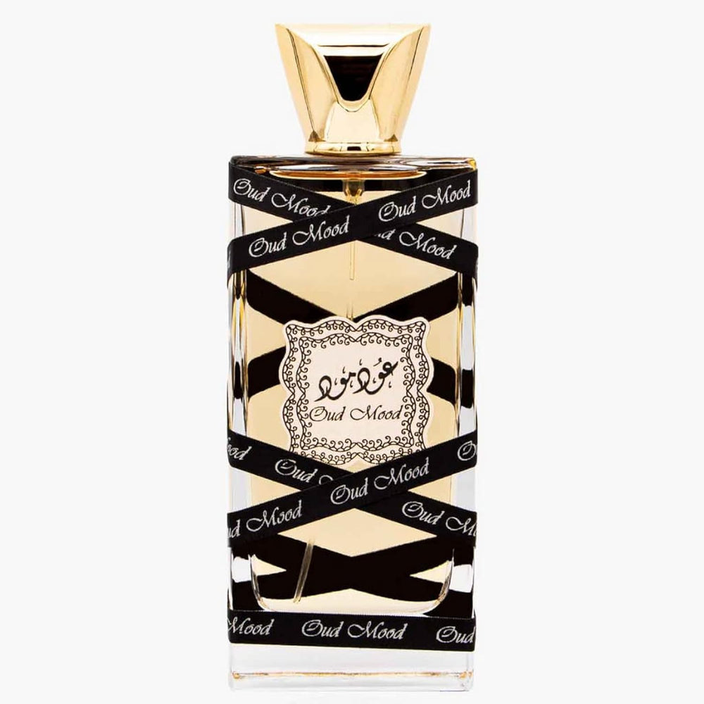 Lattafa Oud Mood bottle front view, unisex appeal with warm oriental-sweet vibes.