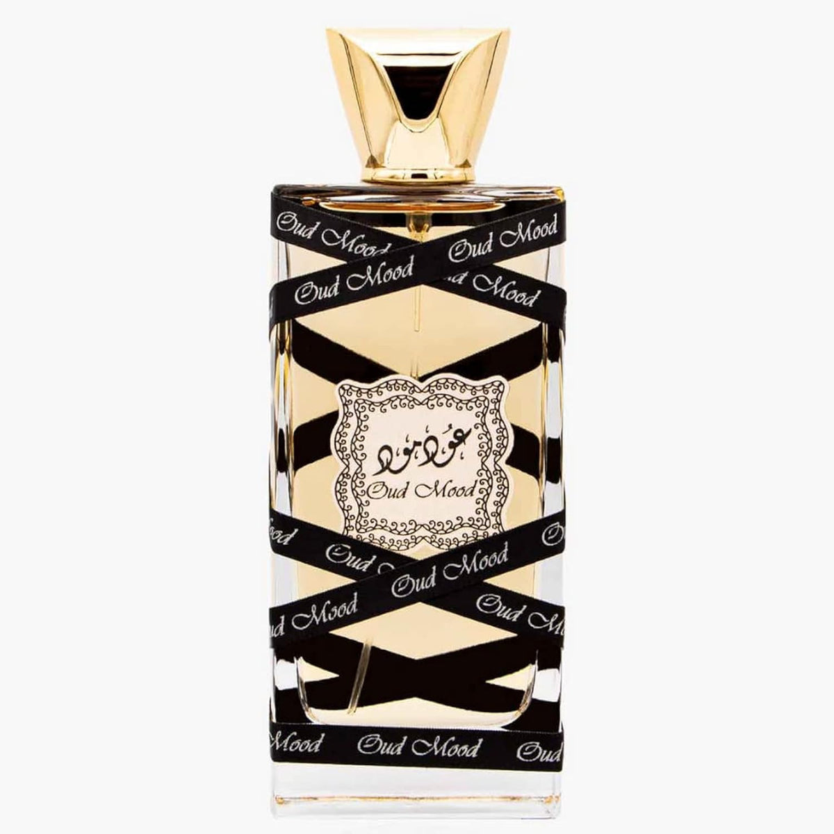 Lattafa Oud Mood bottle front view, unisex appeal with warm oriental-sweet vibes.