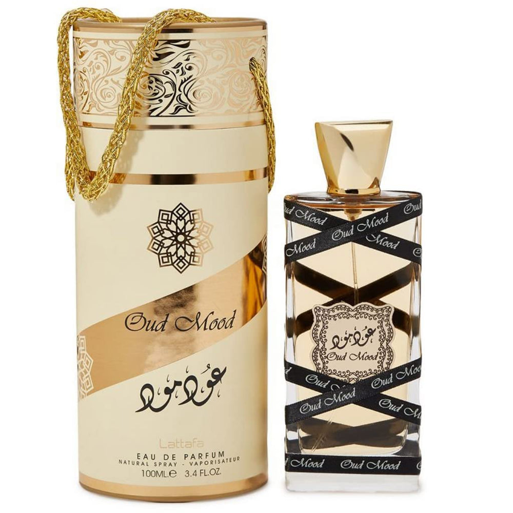 Lattafa Oud Mood bottle side angle, versatile scent for day or night wear.