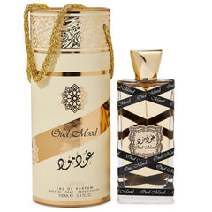 Lattafa Oud Mood bottle side angle, versatile scent for day or night wear.