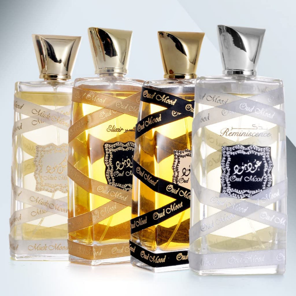 Lattafa Oud Mood spray-action, shows elegant mist and longevity potential.