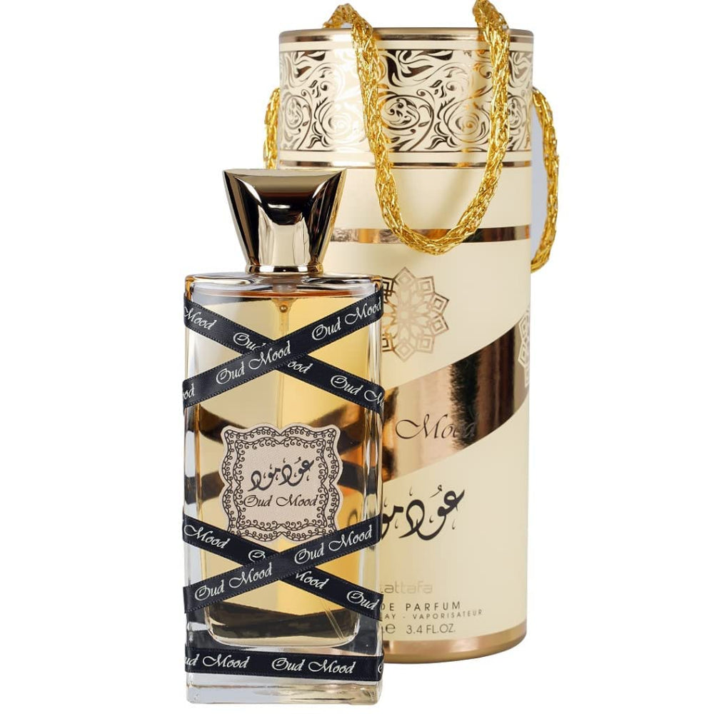 Lattafa Oud Mood warm-toned photography, evokes cozy evenings and confident presence.