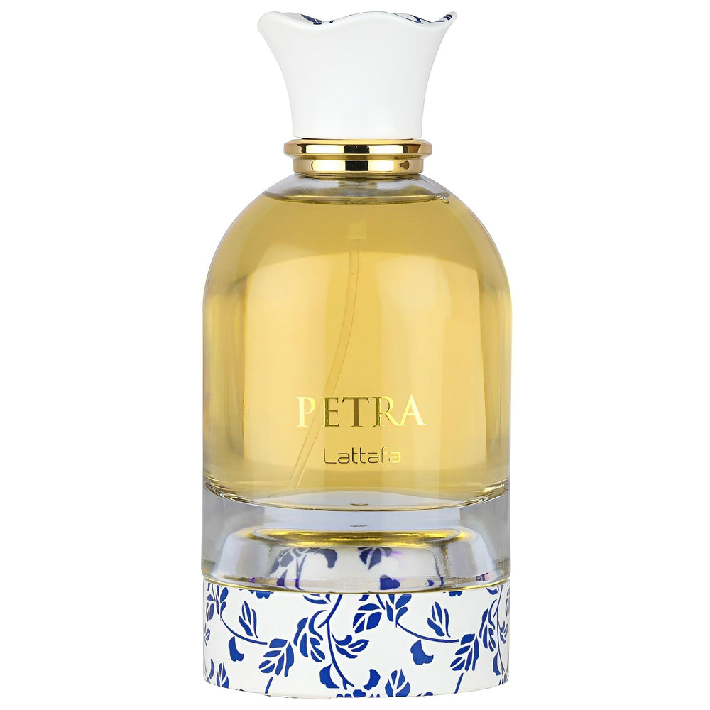 Lattafa Petra fruity bottle detail highlighting plum and rum notes for evenings