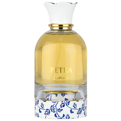 Lattafa Petra fruity bottle detail highlighting plum and rum notes for evenings