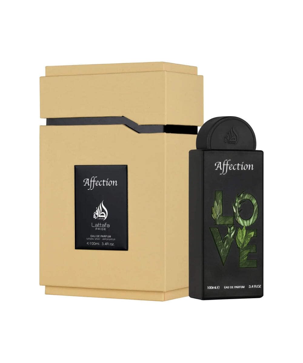 Lattafa Pride Affection closeup highlights vanilla and nutty notes for a long-lasting aroma.