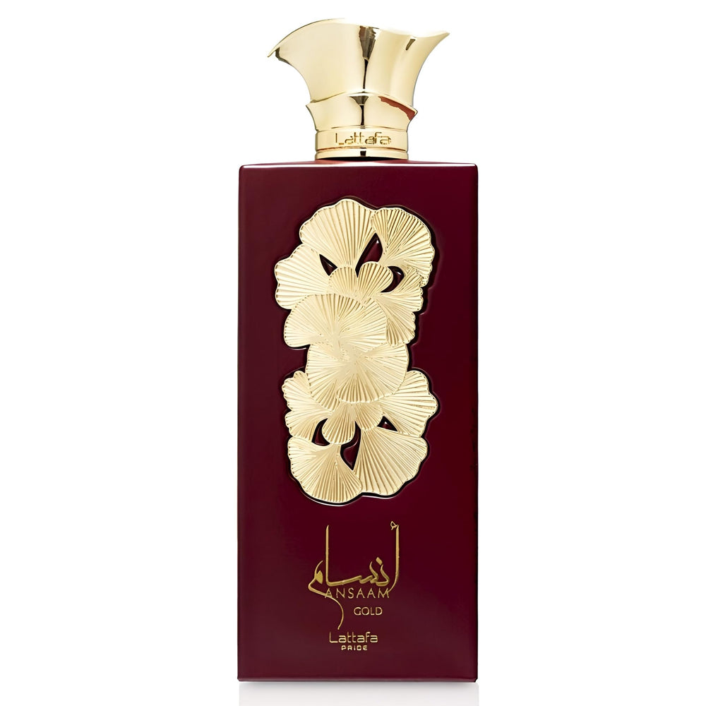 Lattafa Pride Ansaam Gold bottle closeup highlighting premium packaging for gifting.