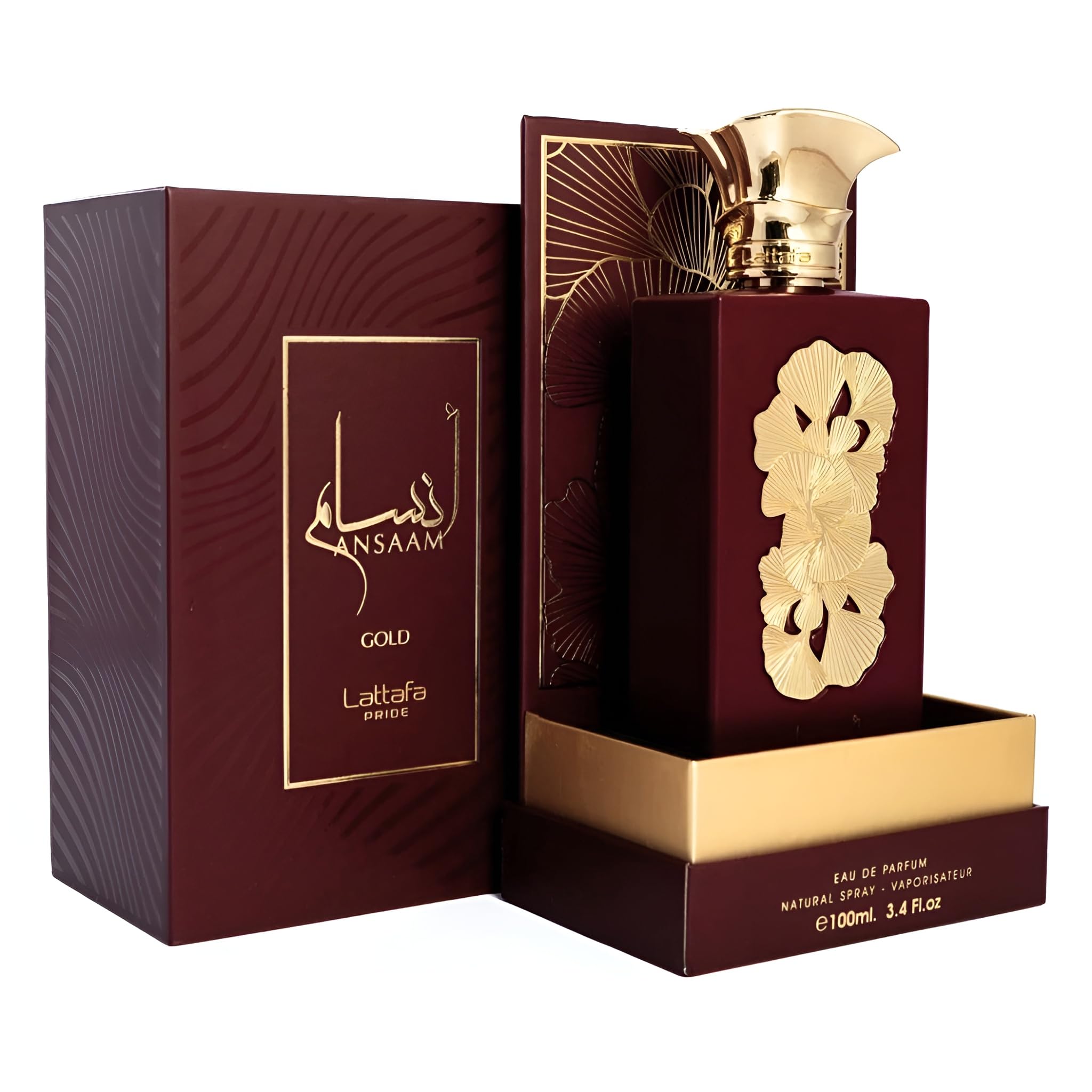 Lattafa Pride Ansaam Gold packaging box emphasizing luxury unisex fragrance.
