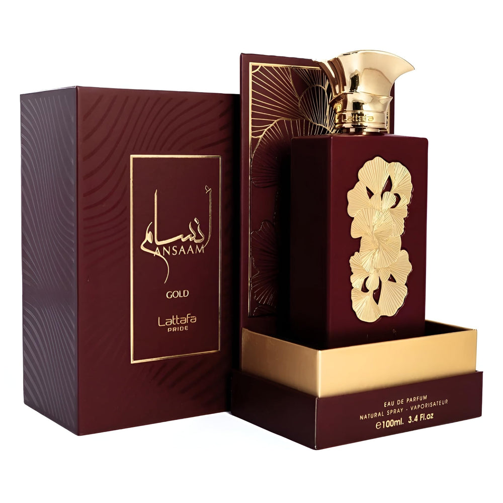 Lattafa Pride Ansaam Gold packaging box emphasizing luxury unisex fragrance.