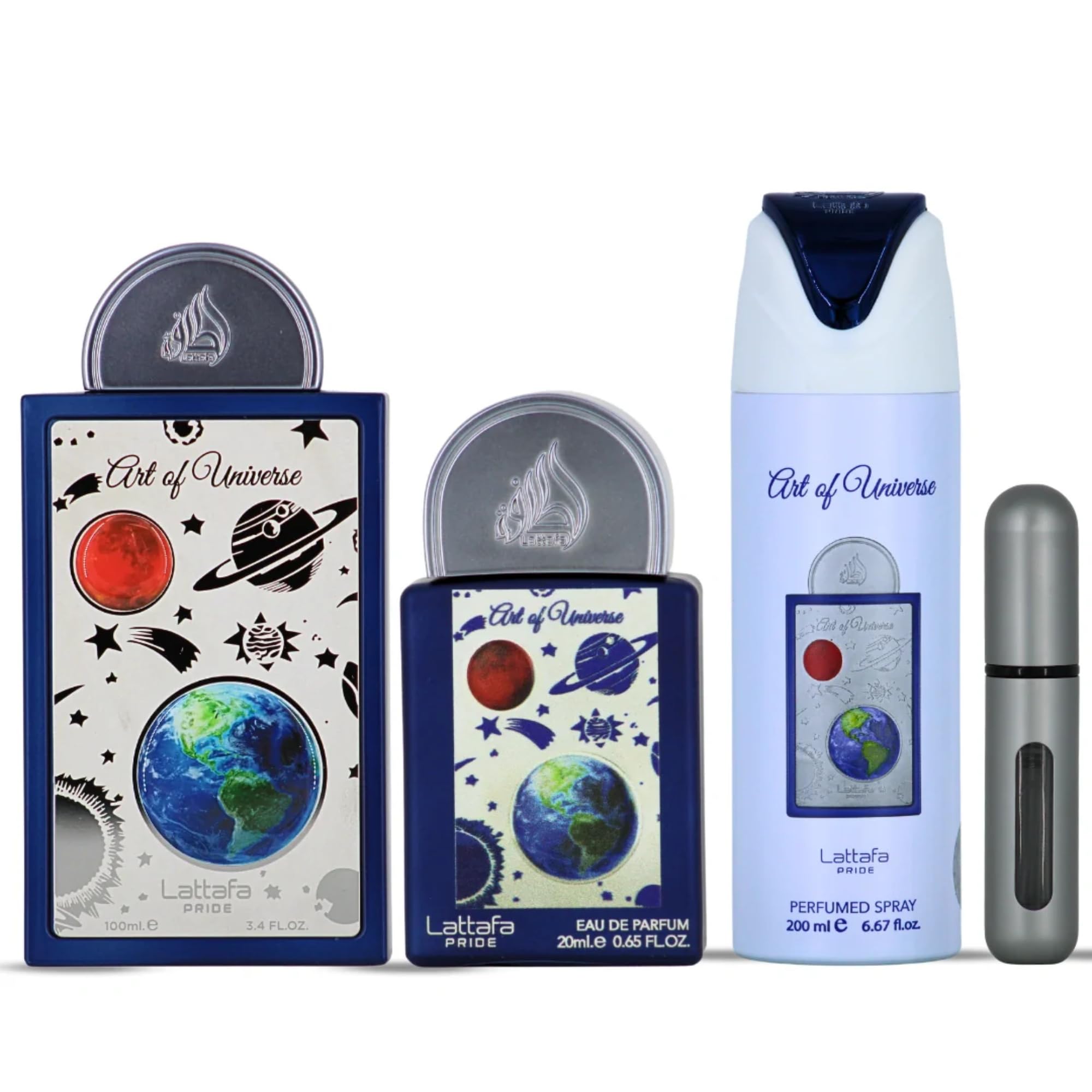 Lattafa Pride Art of Universe 3-piece display, ideal for layered fragrance routines.