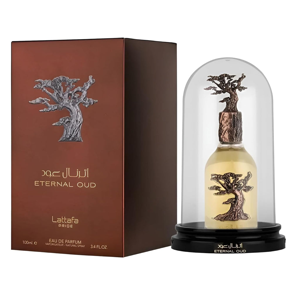 Lattafa Pride Eternal Oud bottle side view highlights sleek unisex design.