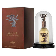 Lattafa Pride Eternal Oud bottle side view highlights sleek unisex design.