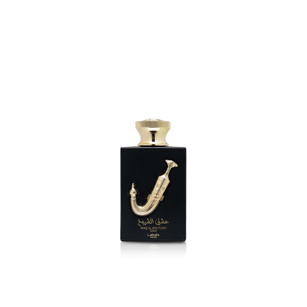 Lattafa Pride Ishq Al Shuyukh Gold bottle front showing the premium woody-leathery profile for daily wear.