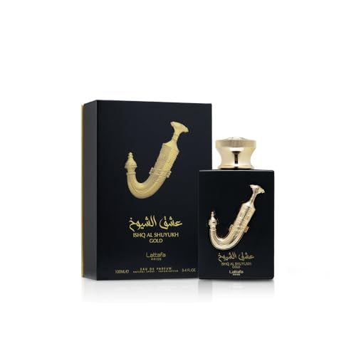 Lattafa Pride Ishq Al Shuyukh Gold packaging box signaling premium branding.