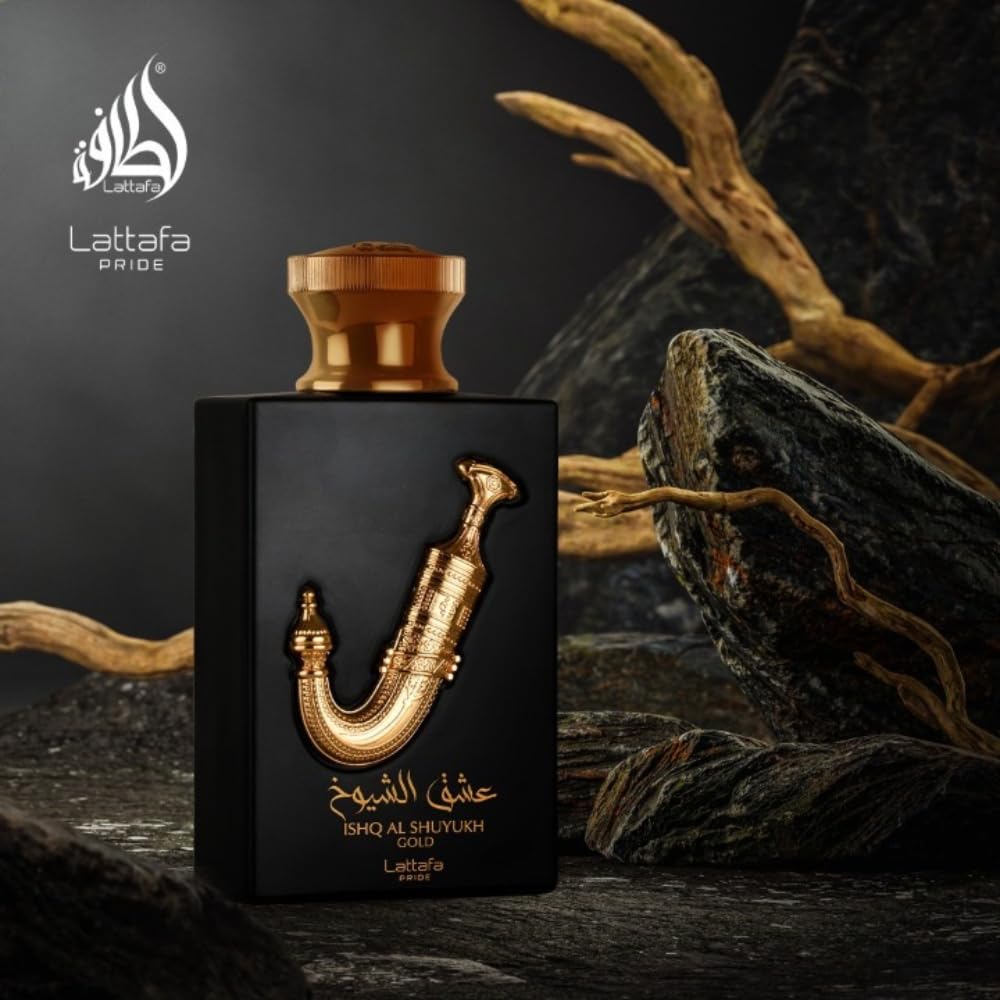 Lattafa Pride Ishq Al Shuyukh Gold worn on wrist illustrating versatile daily or evening use.