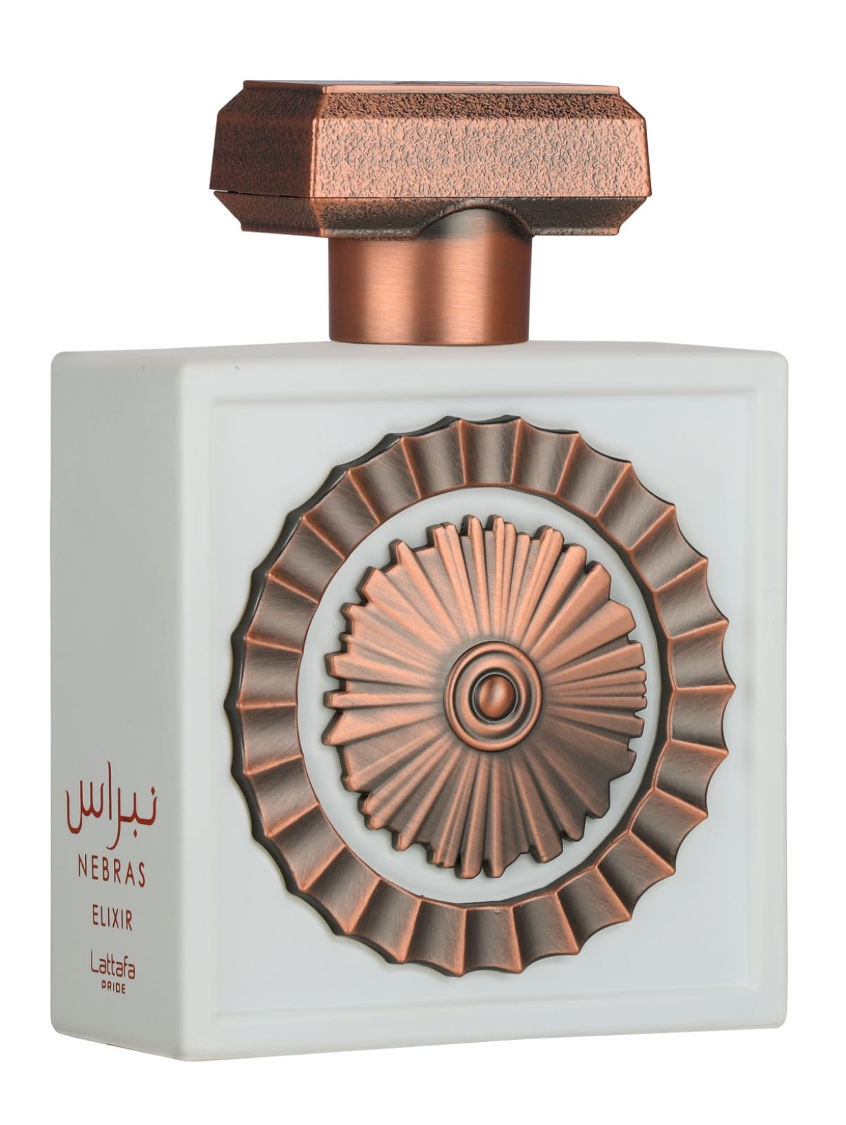 Lattafa Pride Nebras Elixir cap close-up with premium packaging