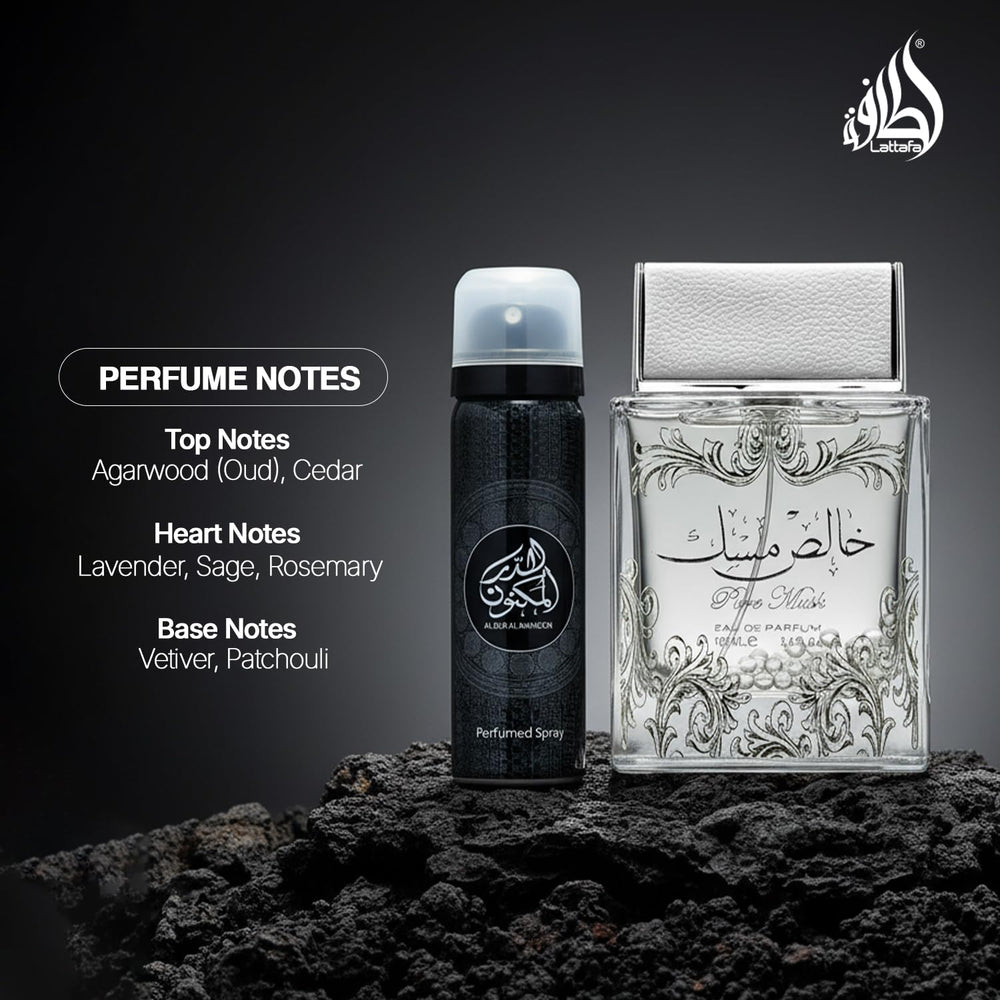 Lattafa Pure Musk base notes musk woody vanilla, lasting warmth.