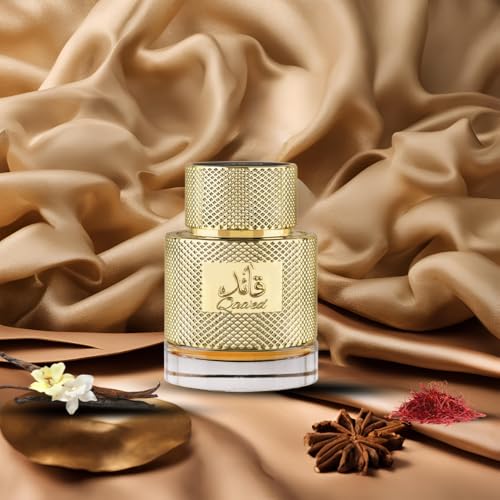 Lattafa Qaaed saffron sandalwood bottle conveys refined daily elegance