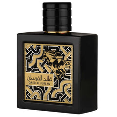 Lattafa Qaed Al Fursan base notes of oud wood, cedarwood, amber deliver warm longevity.