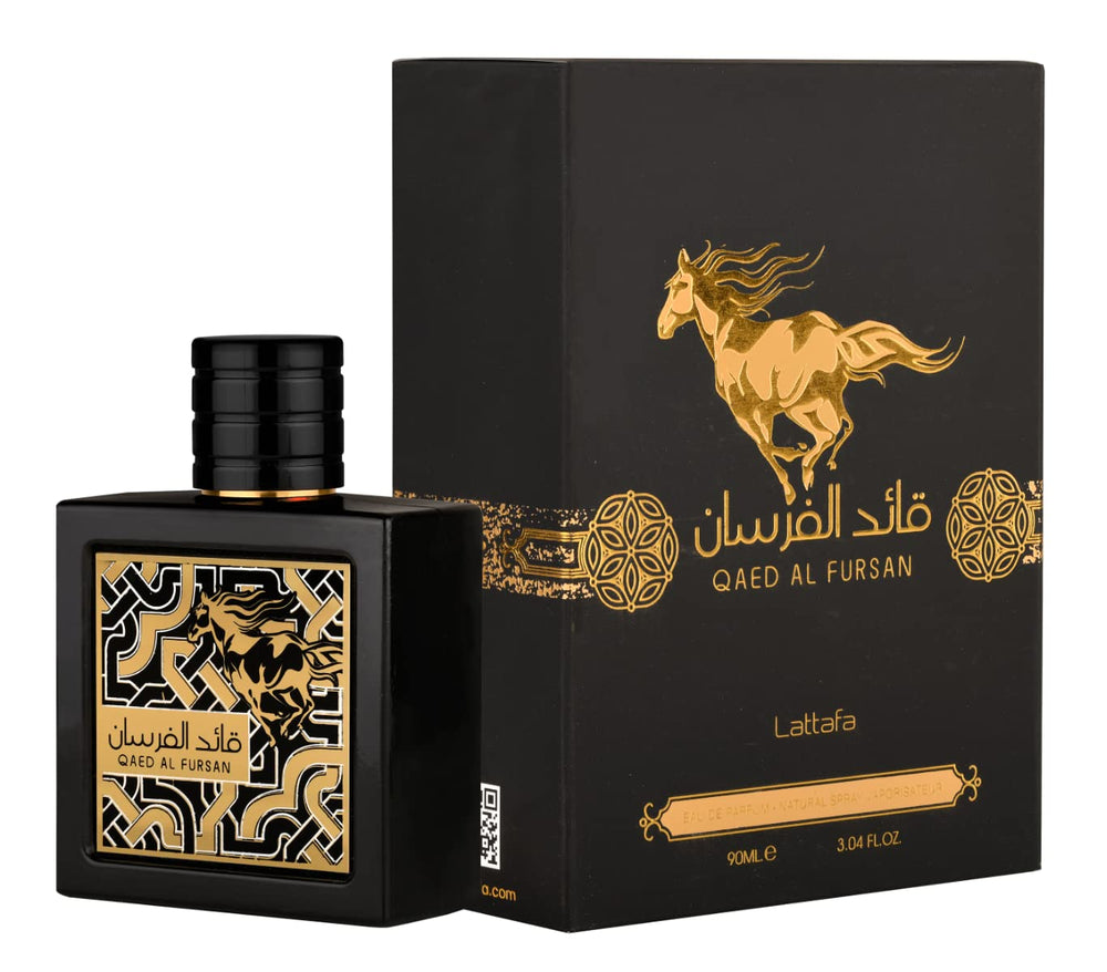 Lattafa Qaed Al Fursan cap view highlights a sleek design with premium spray action.