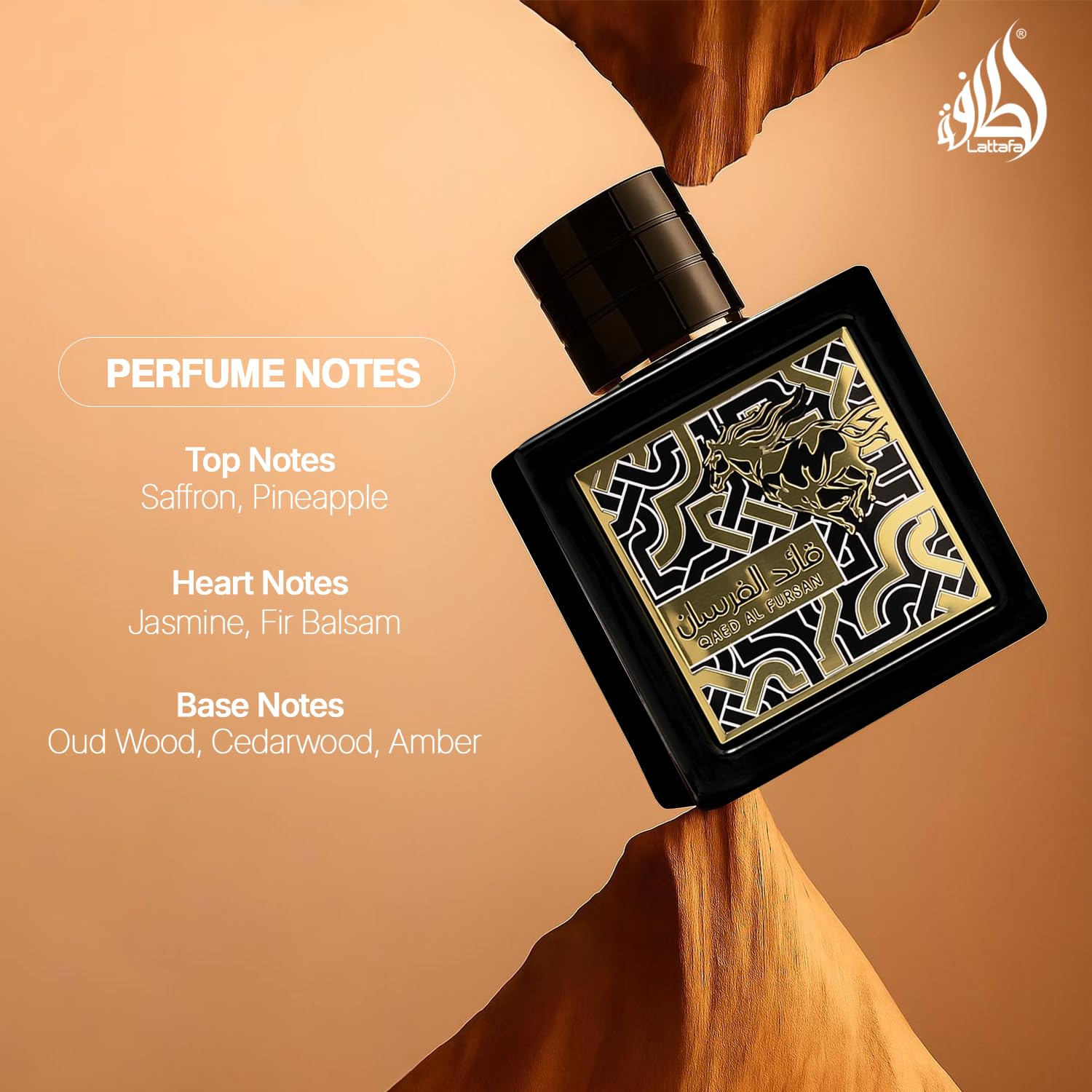 Lattafa Qaed Al Fursan ingredients note graphic hints at berry, apple, and bergamot.
