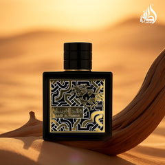 Lattafa Qaed Al Fursan spray close-up emphasizes a refined woody-aromatic profile.