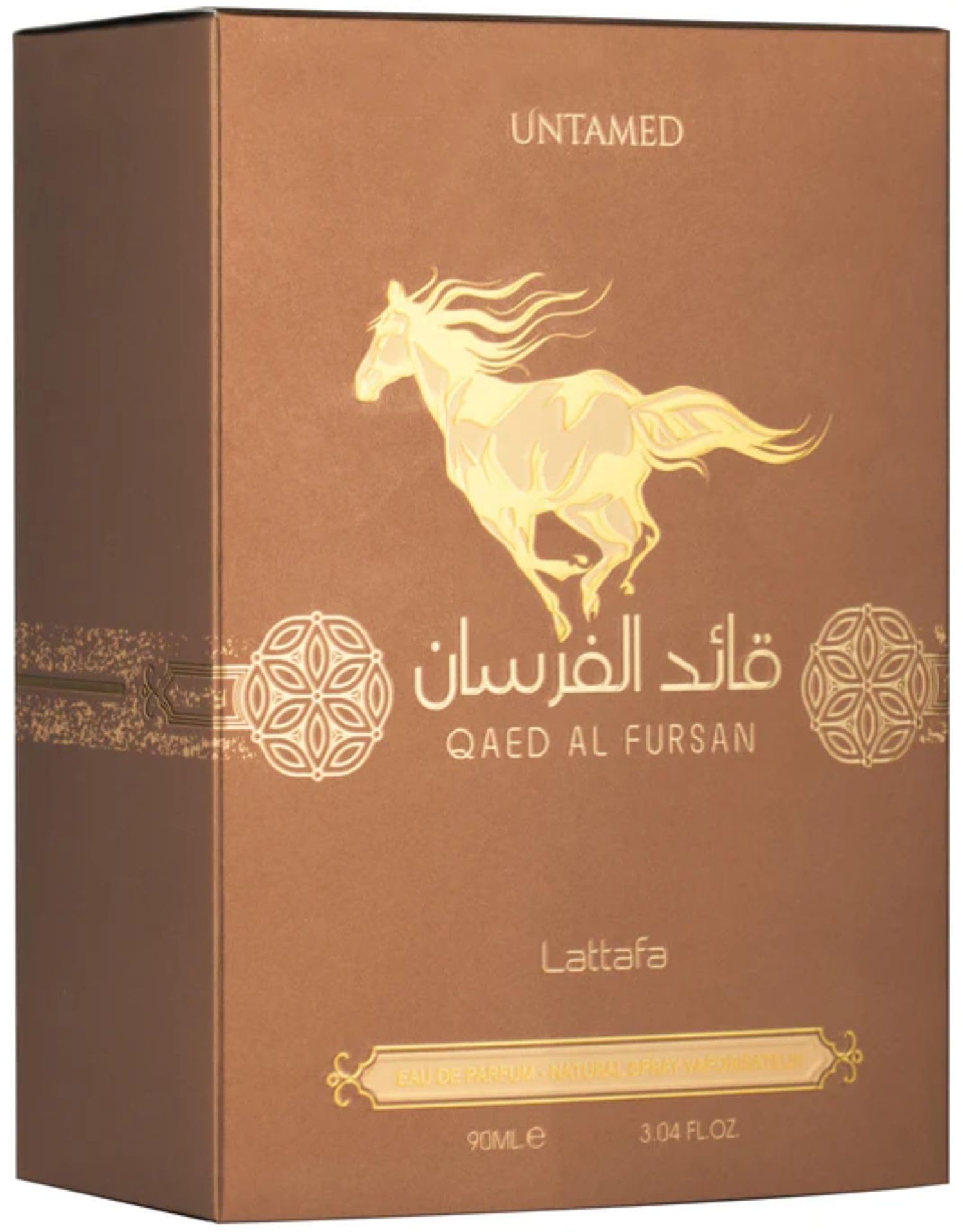 Lattafa Qaed Al Fursan Untamed bottle back view showcases sleek design and versatility.