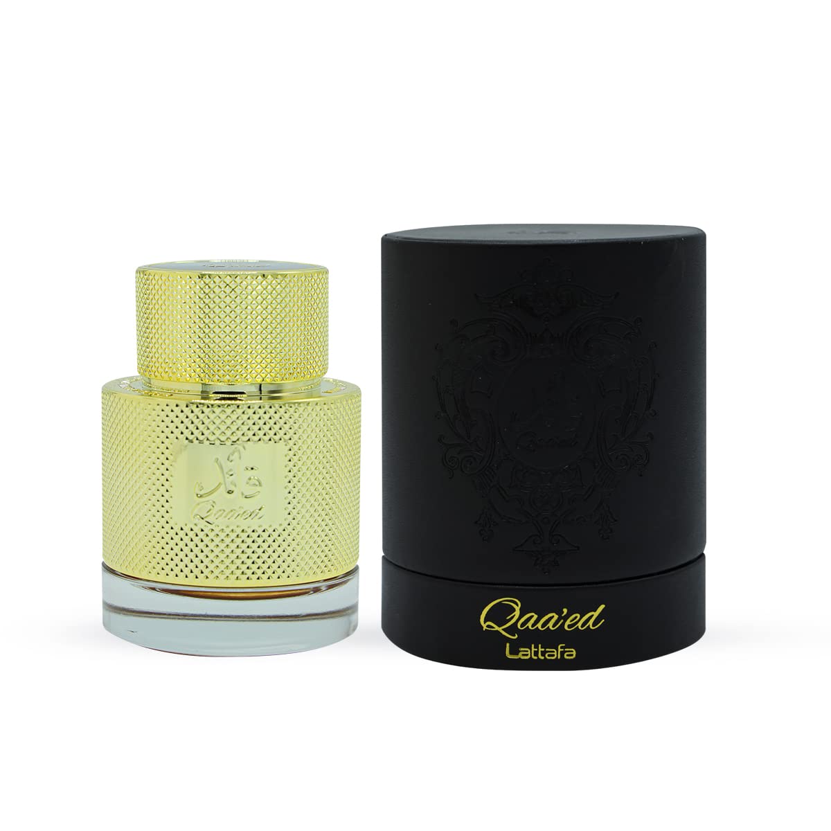 Lattafa Qaa'ed bottle showcases oud and amber notes for unisex evening wear.