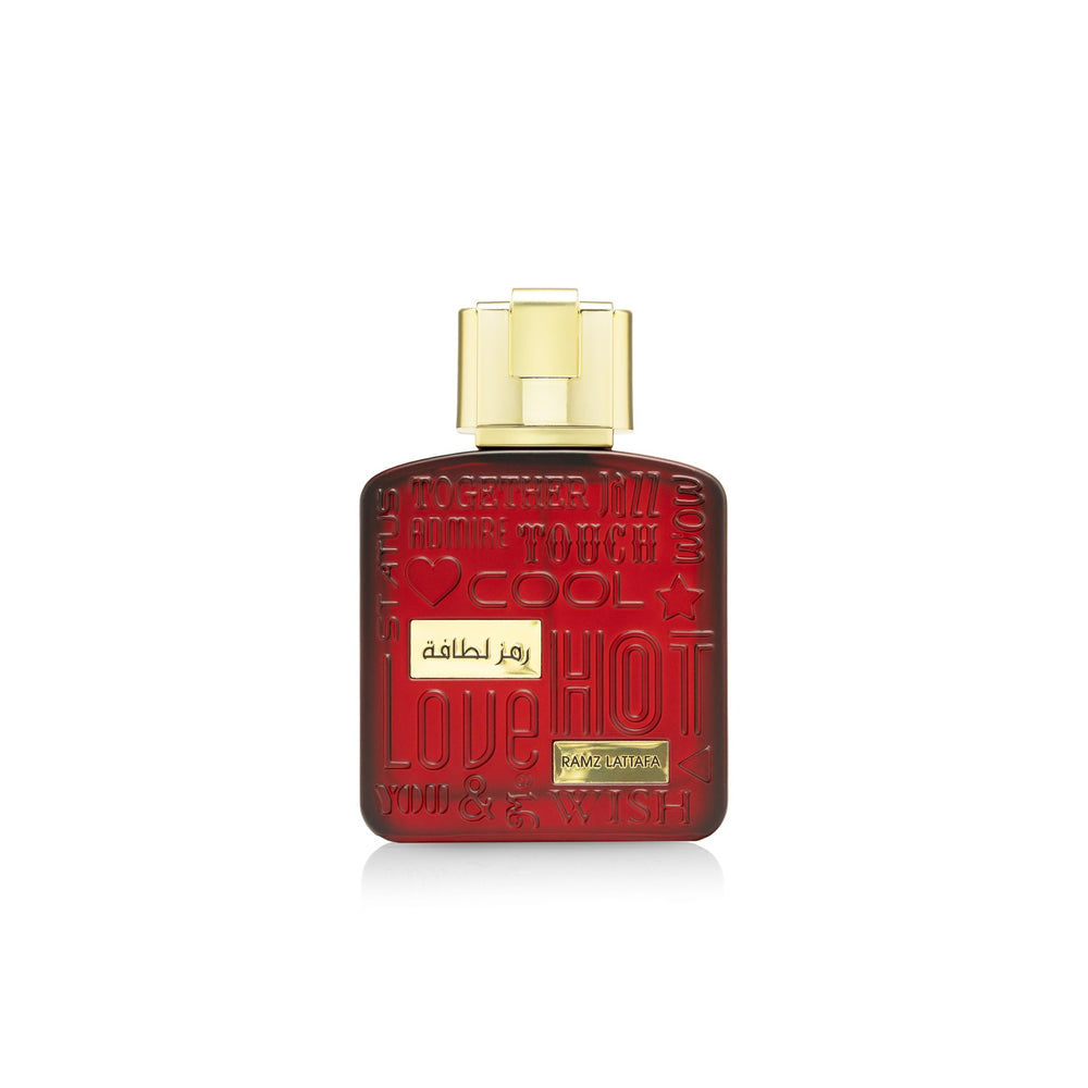 Lattafa Ramz Gold bottle front view, elegant packaging for evening wear.