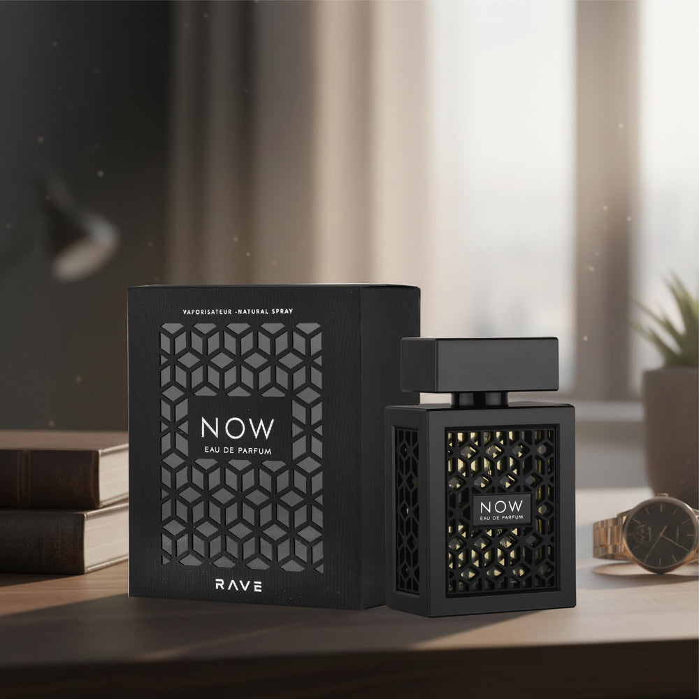 Lattafa Rave Now base notes of musk and vanilla provide warmth for evenings.
