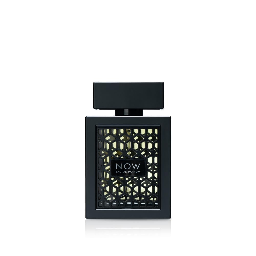 Lattafa Rave Now bottle front showcases a sleek geometric design, ideal for a bold fragrance statement.