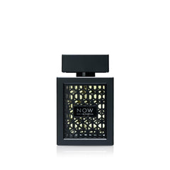 Lattafa Rave Now bottle front showcases a sleek geometric design, ideal for a bold fragrance statement.
