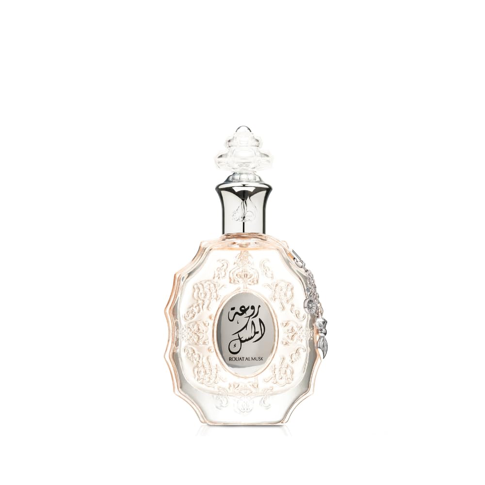 Lattafa Rouat Al Musk box on blue-gold packaging, ideal gift-ready presentation.