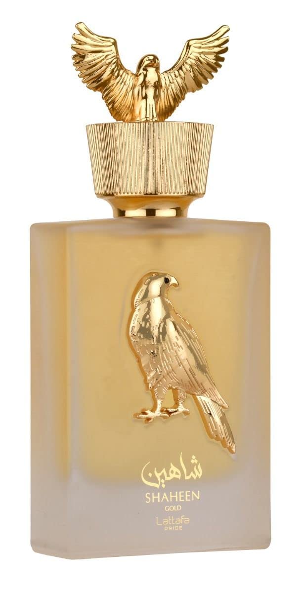 Luxurious Lattafa Shaheen Gold packaging conveys premium presentation.
