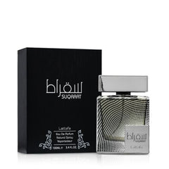 Lattafa Suqraat bottle cap close-up highlights sleek masculine packaging.