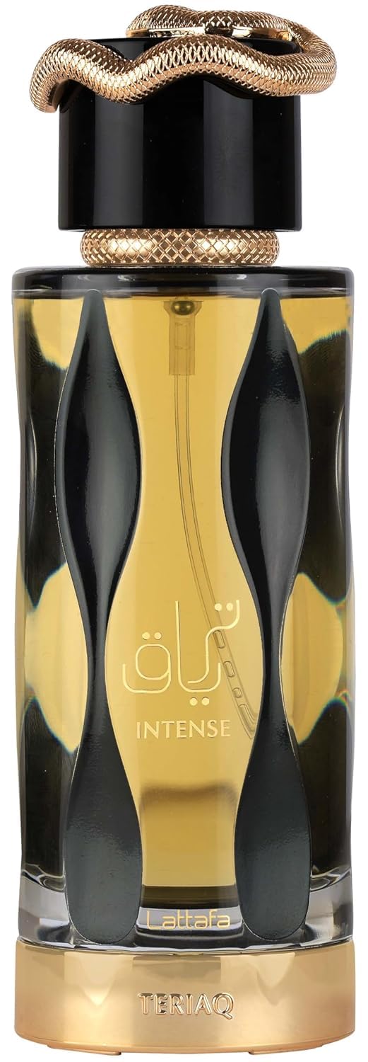 Lattafa Teriaq Intense bottle front view for a bold unisex statement.