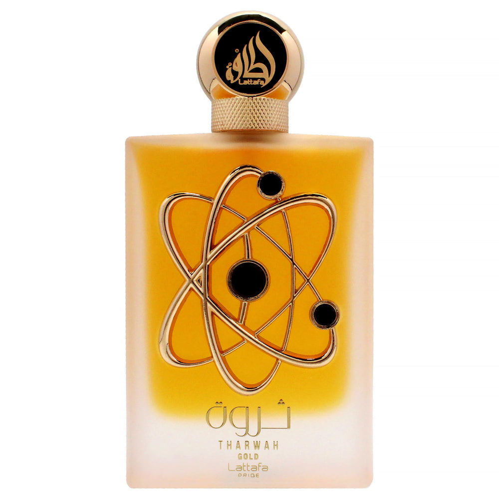 Lattafa Tharwah Gold bottle side angle showing sleek packaging.