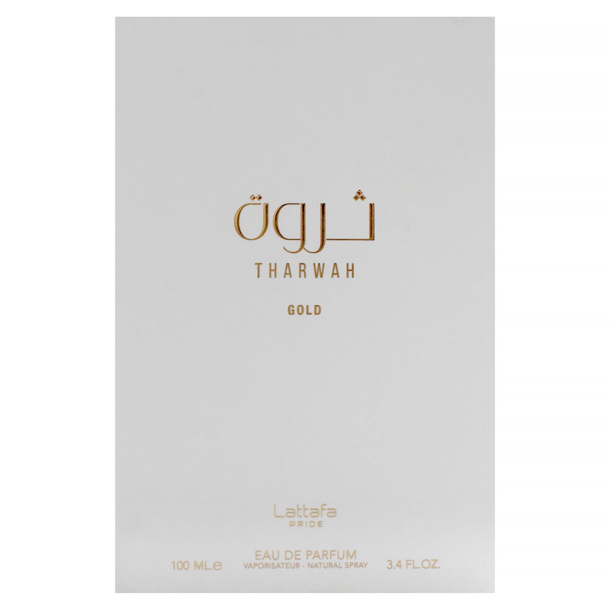 Lattafa Tharwah Gold bottle close-up reveals warm vanilla and amber tones.