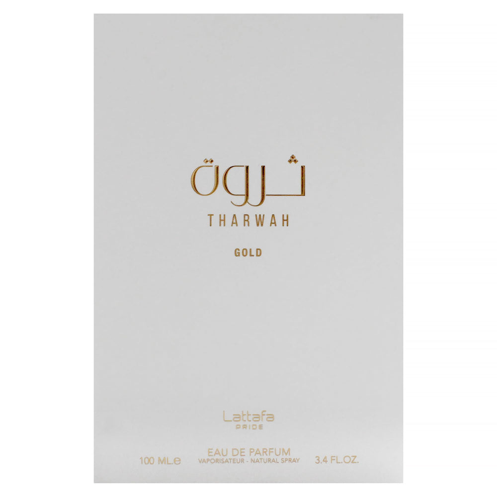 Lattafa Tharwah Gold bottle close-up reveals warm vanilla and amber tones.