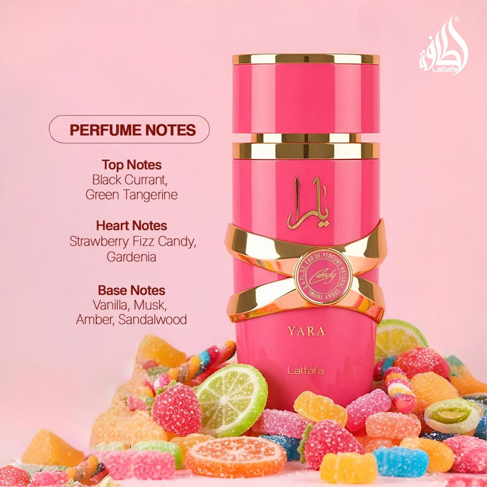 Lattafa Yara Candy base notes showing sandalwood and vanilla syrup warmth