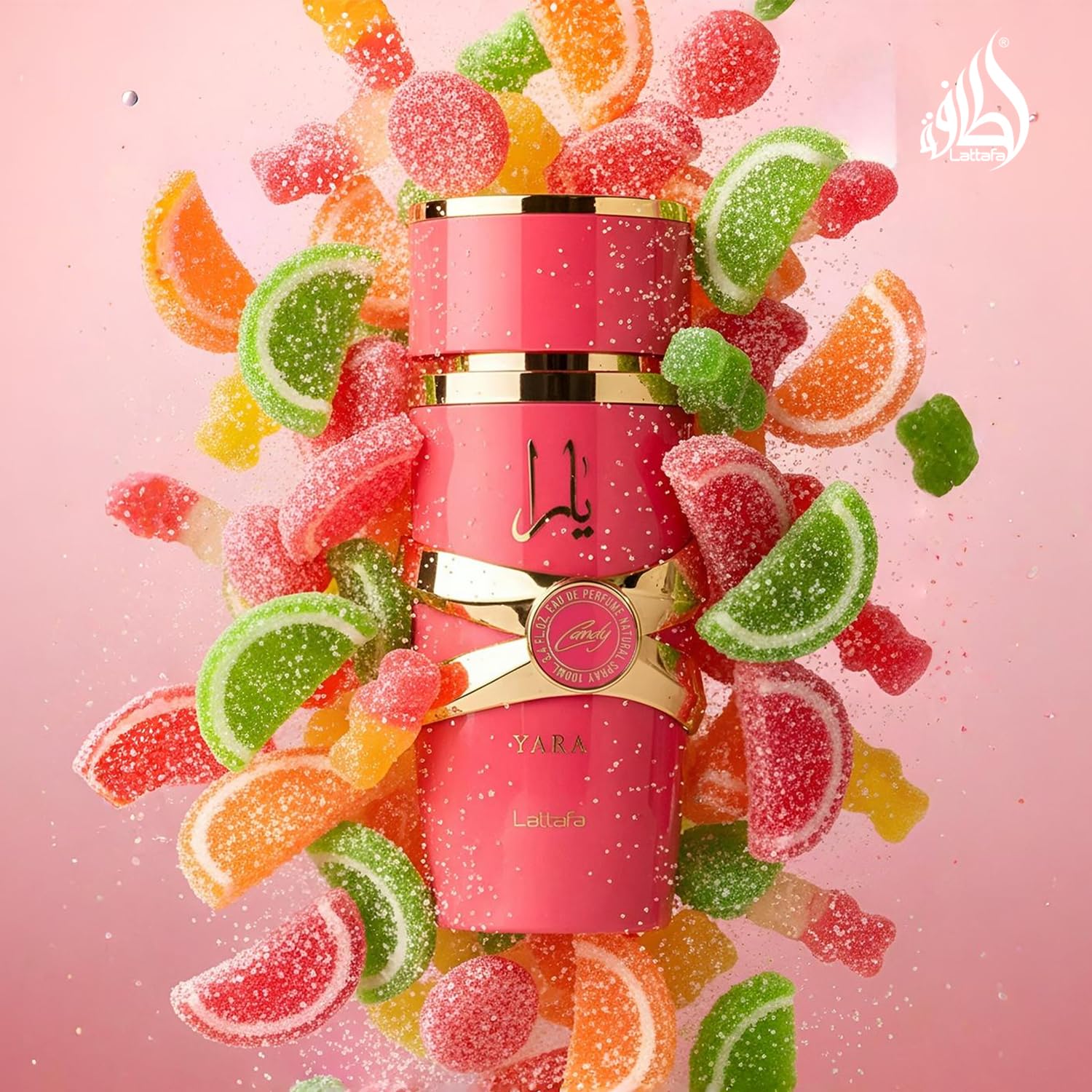 Lattafa Yara Candy spray bottle in action for spontaneous moments