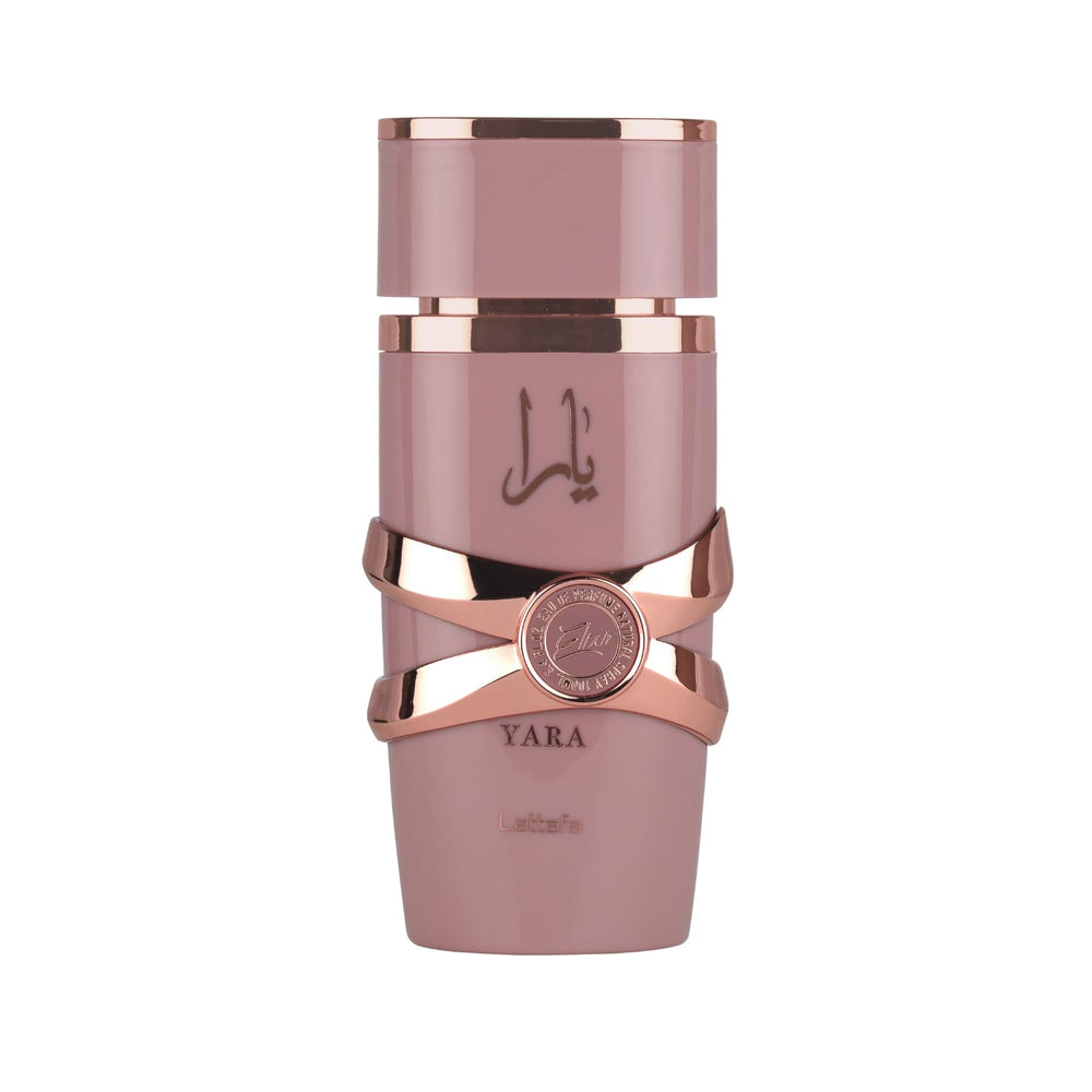 Lattafa Yara Elixir bottle with amber liquid, ideal for evening wear.