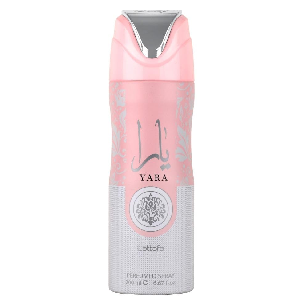 Lattafa Yara perfumed deodorant spray bottle offers all-day freshness.