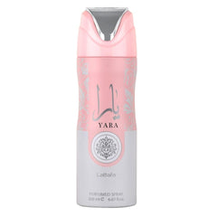 Lattafa Yara perfumed deodorant spray bottle offers all-day freshness.