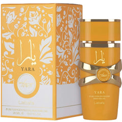 Lattafa Yara Tous bottle design showcases elegant, travel-friendly packaging for on-the-go fragrance.